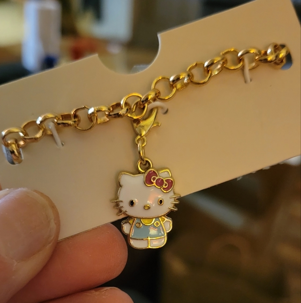 Gold Overlay Stainless Steel Charm Bracelet with one Enamel Hello Kitty Pendant